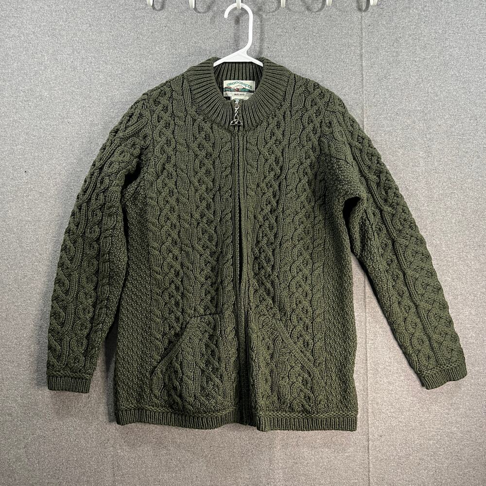 Aran Craft Merino Wool Zip-Front Cardigan Cardi Green Size Medium